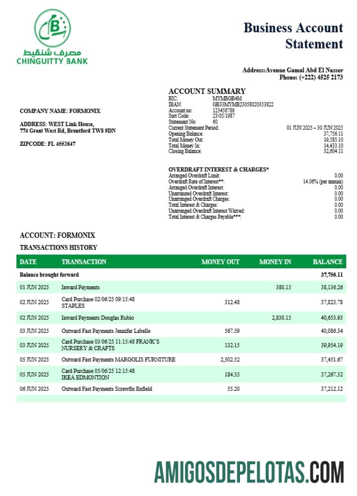 Imprimível Chinguitty Firm modelo de extrato de conta Word e PDF (1)